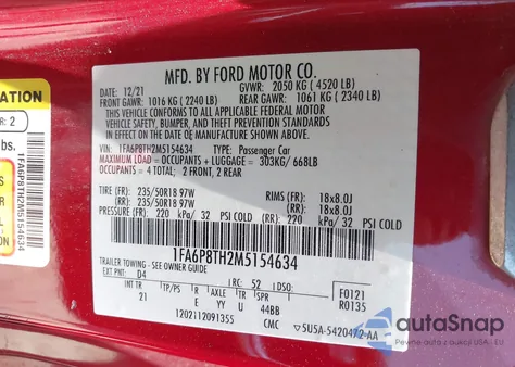 2021 Ford Mustang Ecoboost Fastback из США, поврежденный, VIN 1FA6P8TH2M5154634